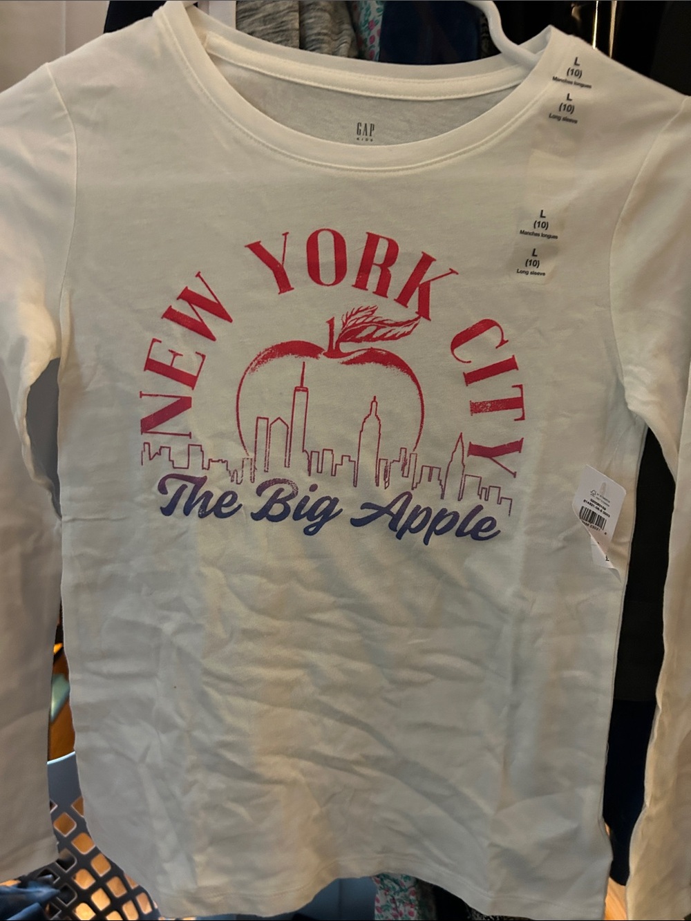 GAP White Long Sleeve Tee with Red and Blue NYC Apple Graphic